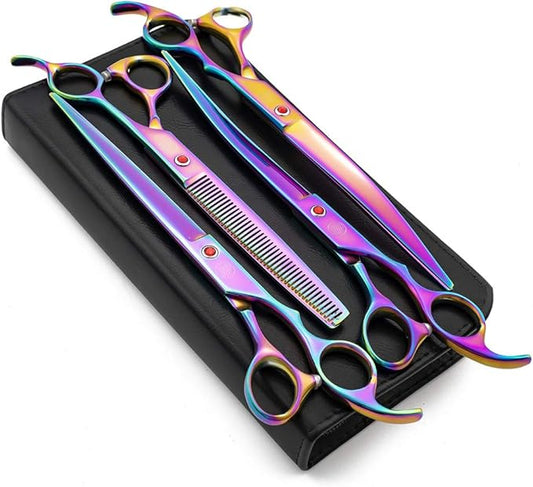 Moontay Professional 8.0" Dog Grooming Scissors Set, 4-pieces Straight, Upward Curved, Downward Curved, Thinning/Blending Shears for Dog, Cat and Pets, JP Stainless Steel, Multicolour