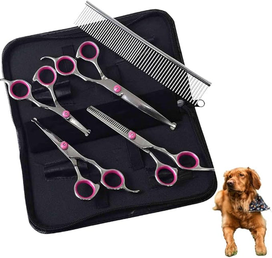 Professional 5 in 1 Dog Grooming Scissors Set with Safety Round Tips, Japard Sharp and Heavy-duty Pet Shears for Cats (Pink)
