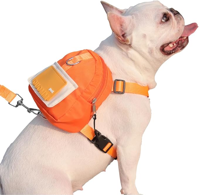 Dog Backpack Harness with Leash,Cute Pet Puppy Backpacks Bulid-in Dog Poop Bag Dispenser,Adjustable Pets Self Carrier Bag for Small Medium Dogs Travel Hiking Daily Walking(M, Orange)