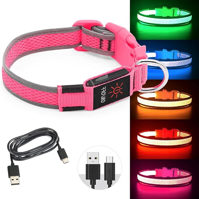 BSEEN Light Up Dog Collars - Reflective LED Dog Collar, Adjustable Puppy Collar, Rechargeable Dog Camping Gear Dog Collar Light for Small Medium Large Dogs (Large, Pink)