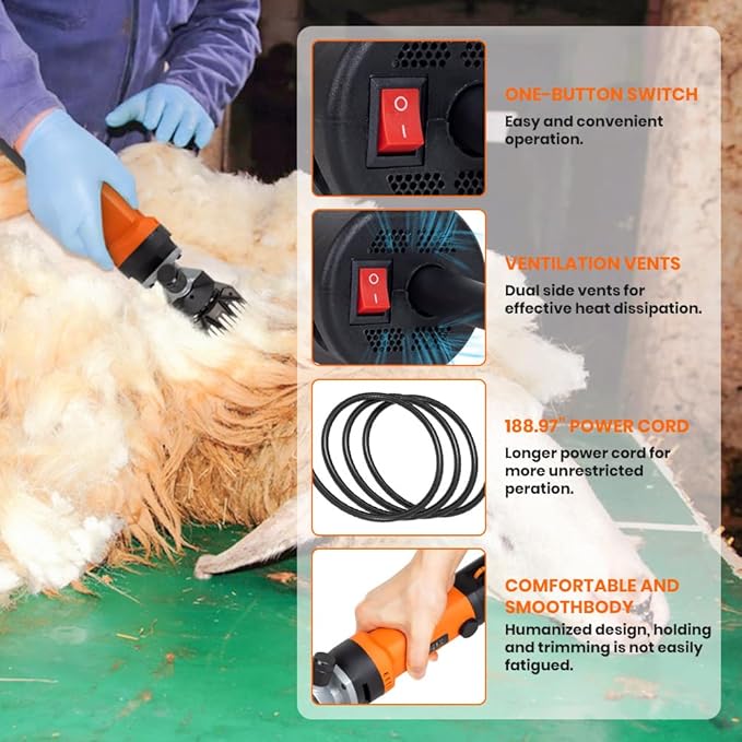 Sheep Shears Electric 850W Professional Heavy Duty Shearing Clipper with 6 Speed, for Shaving Fur Wool in Sheep, Goat, Cattle, and Other Farm Livestock Pet, with Carrying Case and Spare Blade