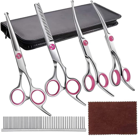 YL TRD Dog Grooming Scissors Kit Hair Cutting Set, 5Pcs Pet trimmer kit, Dog Shears for Grooming, Thinning Shears, Curved Scissors, Grooming Comb for Dogs Rabbits Cats Grooming Tools (Round headed)