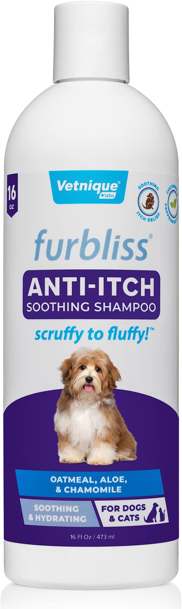 Vetnique Furbliss Shampoo for Dogs with Itchy Skin, Hypoallergenic, Calming for Sensitive Skin Grooming Care Puppy Shampoo (Anti-Itch)