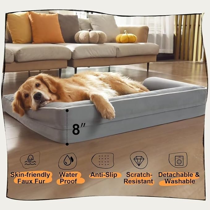 Large Dog Bed Orthopedic Washable, Medium Large XXXLarge Dogs, Orthopedic Grey Dog Bed with Waterproof Cover and Removable Egg Foam, Couch Bed Bolster