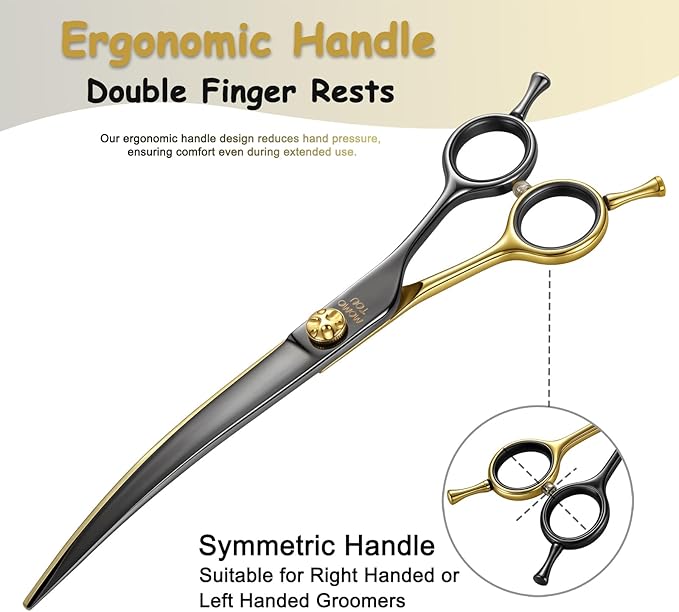 7'' Professional Curved Dog Grooming Scissors with Decorative Screw Sharp and Durable Black and Golden 440C Stainless Steel Dog Shears Easy Use for Groomers and Home User