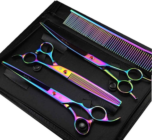 Purple Dragon 8.0" Titanium Multicolor Professional Pet Grooming Scissors Set,Straight & Thinning & Curved Scissors Shear with Bag for Dog Cat Grooming