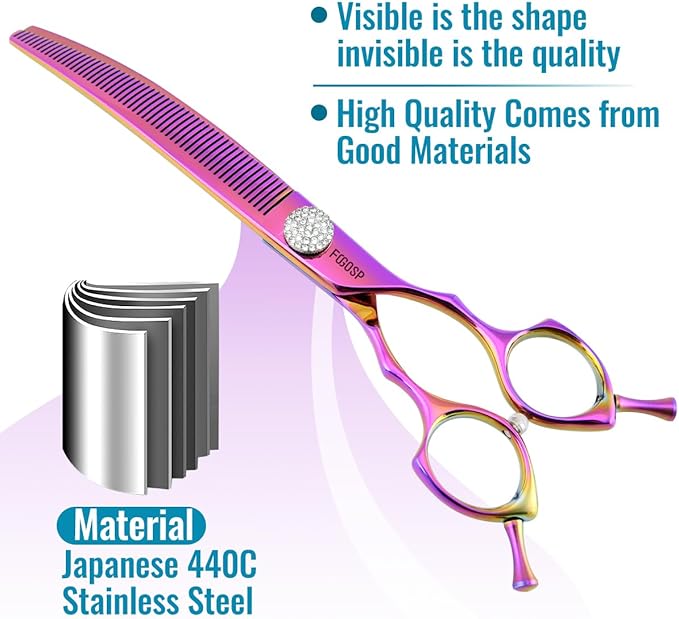 Professional Curved Thinning Shears Dog Grooming Scissors 7.5'' Rainbow Curved Thinner Scissors for Grooming Large Dogs Pet 56 Teeth Japan 440C(Curved Thinner,Rose Red)