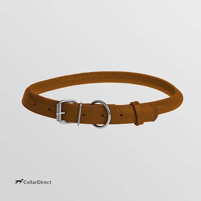 CollarDirect Rolled Leather Dog Collar, Soft Padded Round Puppy Collar, Handmade Genuine Leather Collar Dog Small Large Cat Collars 13 Colors (18-22 Inch, Cinnamon Textured)