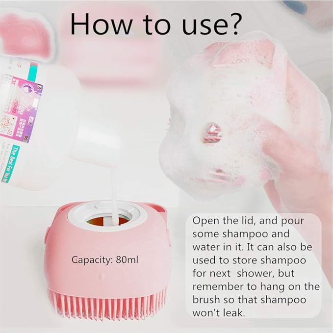 Portable Dog Bath Brush - Pet Massage Brush Shampoo Dispenser, Soft Silicone Brush Rubber Bristle for Dogs and Cats Shower Grooming (Pink)
