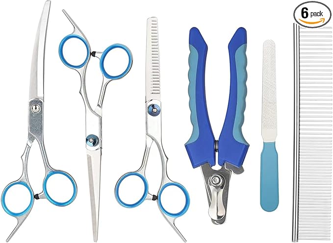 6-piece set of pet grooming scissors and nail clippers - professional dog and cat nail clipper set, equipped with grooming scissors and nail clippers - suitable for pet dogs and cats