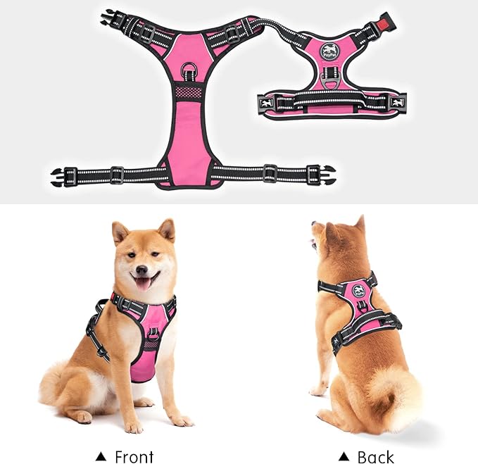 PoyPet Dog Harness No Pull, Reflective Adjustable No Choke Pet Vest with Front & Back Clips, Soft Padded and Control Training Handle for Large Dogs(Pink,XL)