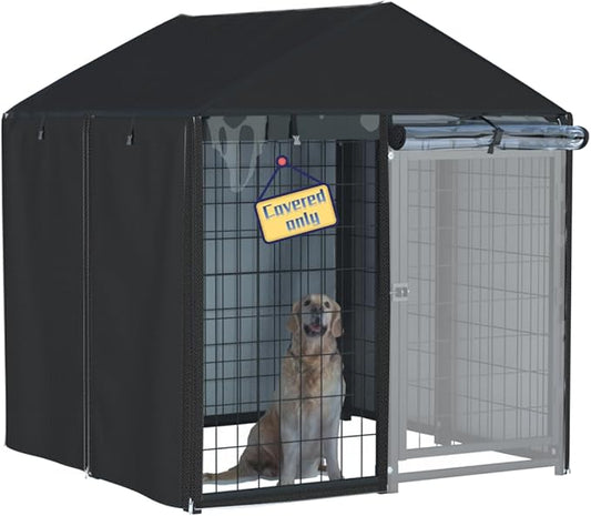 kennel cover，Full coverage kennel cover made of 600d heavy duty waterproof plus see-through clear material, outdoor wind and UV resistant, coverage only, black color.