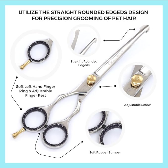 Left-Handed Pet Grooming Scissors Set Pro-Grade Curved Shears for Dogs Cats - Precision Crafted Sharp Blades Comfort Grip - Ideal for Cutting Curving Thinning (LH Round Tip Straight)