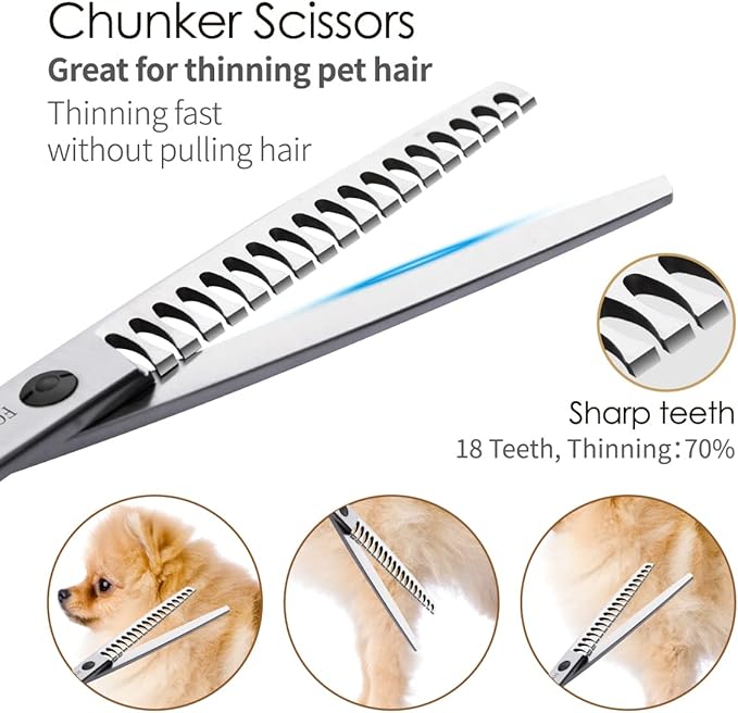 Dog Grooming Scissors Kit 4pcs 7 inch Professional Dog Grooming Shears Set Curved Thinning Straight Chunkers for Dogs Cat Pets (7 in Kit, Gold)