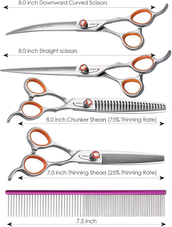 Professional Dog Grooming Scissors Kit 8 in Curved Thinning Straight Chunker Shears and Comb 5pcs Set for Grooming Big Dogs Poodle Pet Japan 440C Stainless Steel