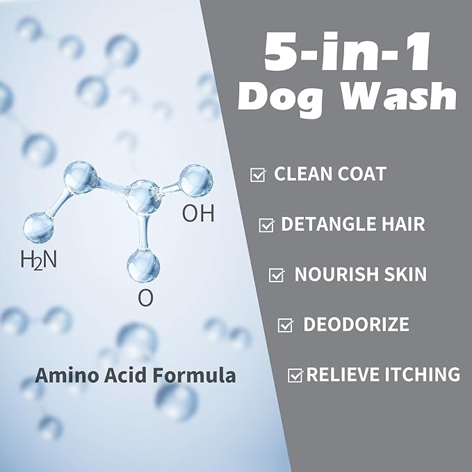 Comotech 3PCS Dog Bath Kit | 5-1 Dog Shampoo and Conditioner | Dog Bath Brush | Dog Scrubber For Bath | Amino Acid Formula (Natural Coconut Oil) Suitable for Puppies and All Pets with Hair - 17oz