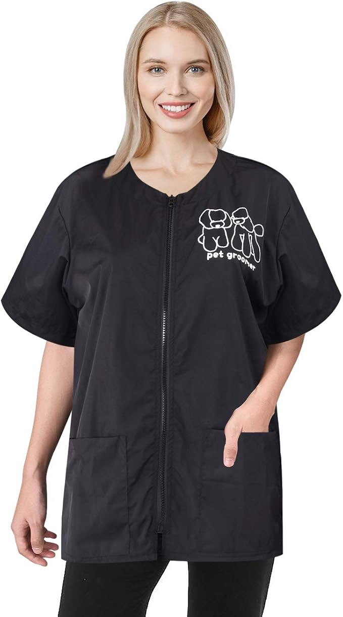 Noverlife Short Sleeves Pet Grooming Work Clothes with Full Zipper, M Size, Splash Proof Anti-Static Pet Beautician Smock, Dog Cat Groomer Cosmetologist Uniforms