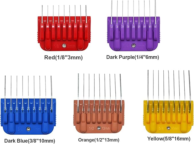 Professional Animal Stainless Steel 5 Color Guide Comb Set for 10#/15#/30#Detachable Blade,Compatible with Andis, Oster A5, Wahl KM Series Guards Clipper(Cutting Length 3mm-16mm)