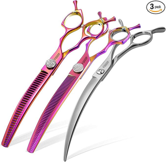 45°Curved Dog Grooming Scissors Curved Thinning Shears Curved Chunkers Dog Shears 3Pcs Combo (RoseRed)