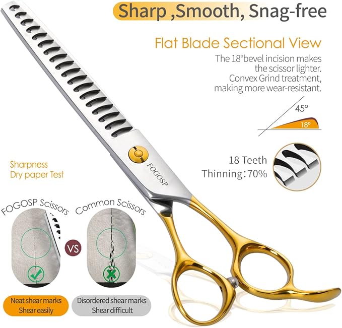 Dog Thinning Shears for Grooming 6.75" Chunker Shears Quickly Thinning Thick Hair Professional Dog Grooming Scissors for Small Dogs Right Handed Groomer Japan 440C 18 Teeth(Chunker, Gold)