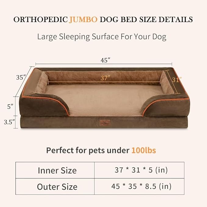 Jumbo Dog Bed for Extra Large Dogs, Waterproof Orthopedic Dog Bed, PV Washable Dog Sofa Bed, Jumbo Breed Dog Bed with Removable Cover & Non-Slip Bottom(Jumbo,Brown)
