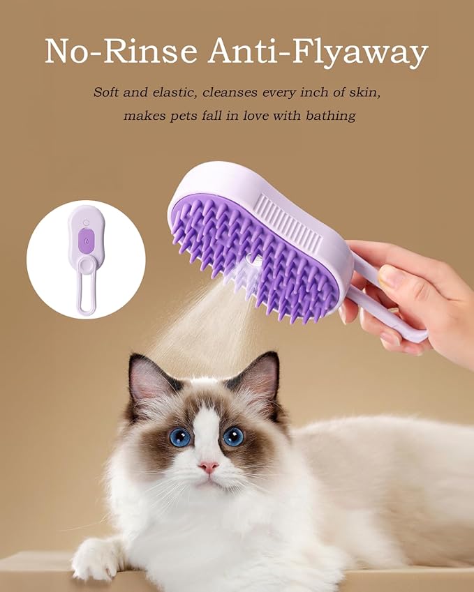 Cat Steam Brush for Shedding - 4 in 1 Cat Brush with Steam Anti-Static, Massaging & Shedding Comb – All-In-One Pet Grooming and Cleaning, Purple