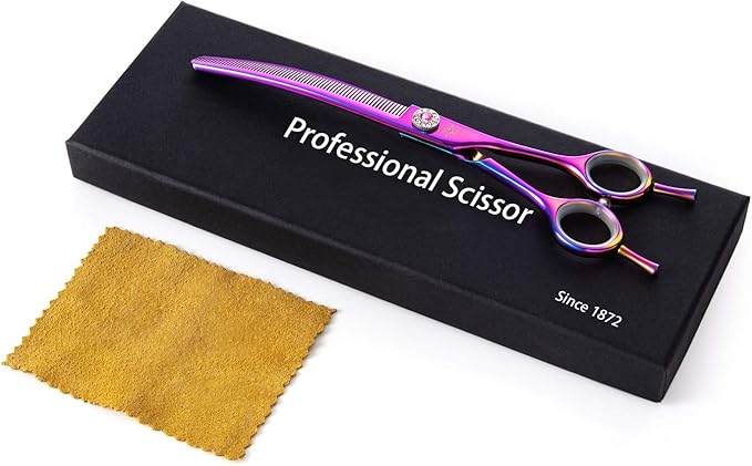 PURPLEBIRD 7 Inch Downward Curved Dog Grooming Scissors Thinning Texturizing Shears Professional Safety Blunt Tip Trimming Shearing for Dogs Cats Face Paws Limbs Japanese Stainless Steel Purple