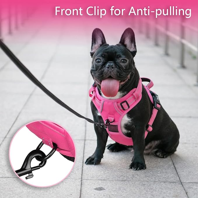 PoyPet No Pull Dog Harness, No Choke Reflective Dog Vest, Adjustable Pet Harnesses with Easy Control Padded Handle for Small Medium Large Dogs(Pink Matching Trim,L)