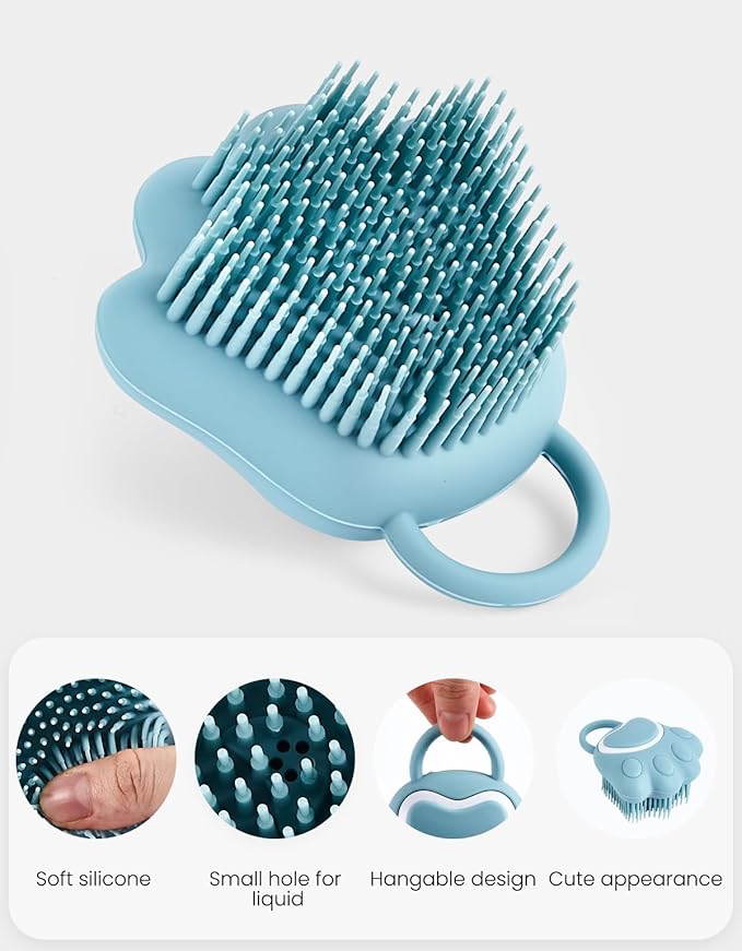 Dog Bath Brush, Pet Shampoo Brush Scrubber Massage Dispenser, Soft Silicone Grooming Shower Brush for Short Long Haired Dogs and Cats Washing, Blue