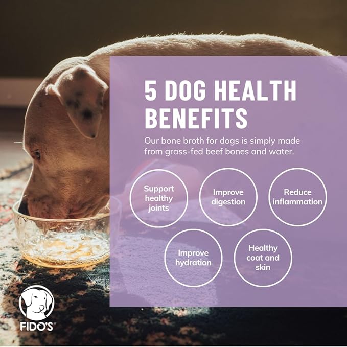 Fido's Grass-Fed Beef Bone Broth for Dogs 7oz with 94% Protein - Picky Eaters Human Grade Bone Broth Powder for Dogs - Made in USA - No Preservatives - Supports Joints + Gut Health - 60 Scoops