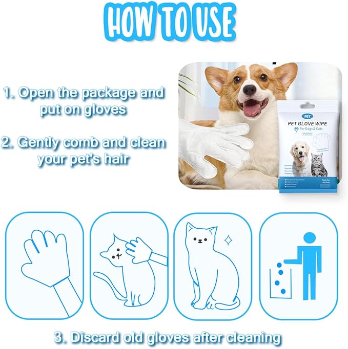 Dog and Cat Cleaning Gloves, Cleaning and Deodorizing Grooming Gloves, Dog and Cat Fur Face, Ears, Eyes, Paws Cleaner, Pet Grooming Wipes, Nourishing Fur, for Daily Care and Travel, No Rinse (12 Pcs)