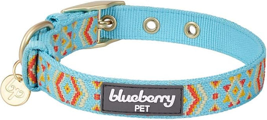 Blueberry Pet 3 Patterns Southwestern Magical Tribal Print Celeste Blue Adjustable Dog Collar with Metal Buckle, Neck 13-16.5", for Medium Breed