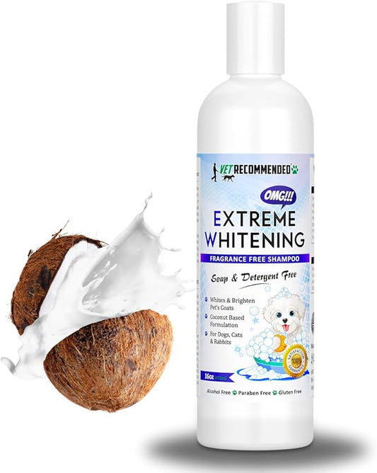 OMG Extreme Dog Whitening Shampoo (16 Oz) - Coconut Based 100% Safe - Free from Soaps, Detergent, Bleach & Fragrance - Make Your Dog's Coat Clean, Silky and Smooth. Made in USA