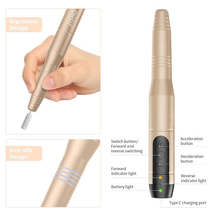 JISHO Nail Drill, Portable Electric Nail Drill Machine for Acrylic Nail Kit, Cordless with Max 15000 RPM, 12 in 1 Kit Electric Nail File Efile Nail Drill Gift for Beginner and Professional (Yellow)