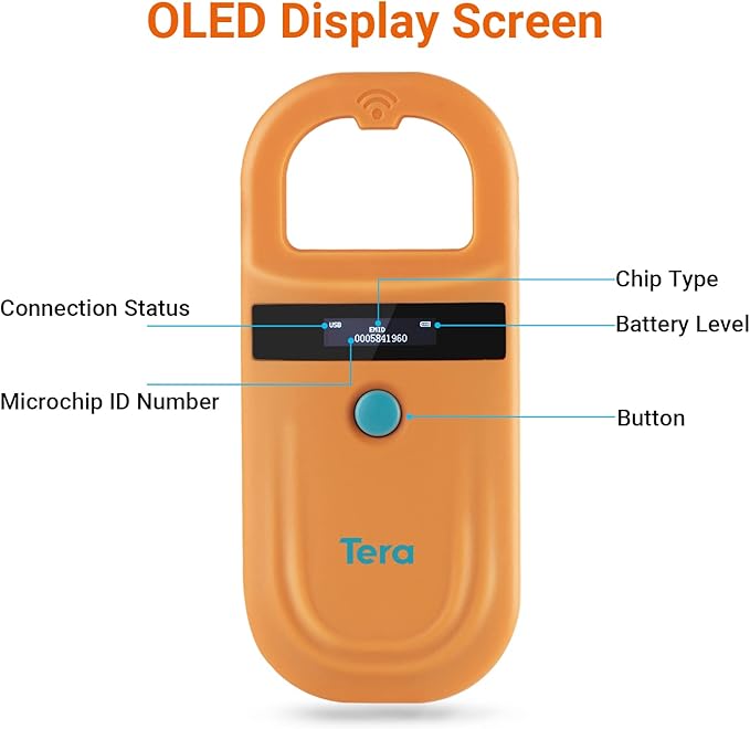 Tera Pet Microchip Reader Scanner RFID Portable Animal Chip ID Scanner with OLED Display Screen Rechargeable Data Storage Tag Scanner Supports EMID FDX-B(ISO11784/85) for Dog Cat Pig Animal Management