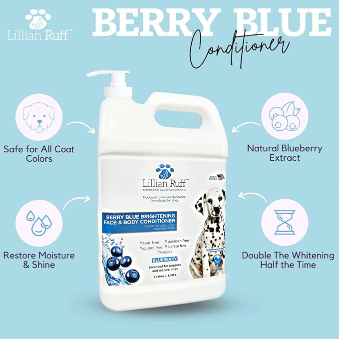 Lillian Ruff Berry Blue Brightening Face & Body Conditioner for Dogs & Cats - Tear Free Blueberry Conditioner - Remove Tear Stains, Hydrate Dry Skin, Add Shine & Luster to Coats - (Gallon W/Pump)