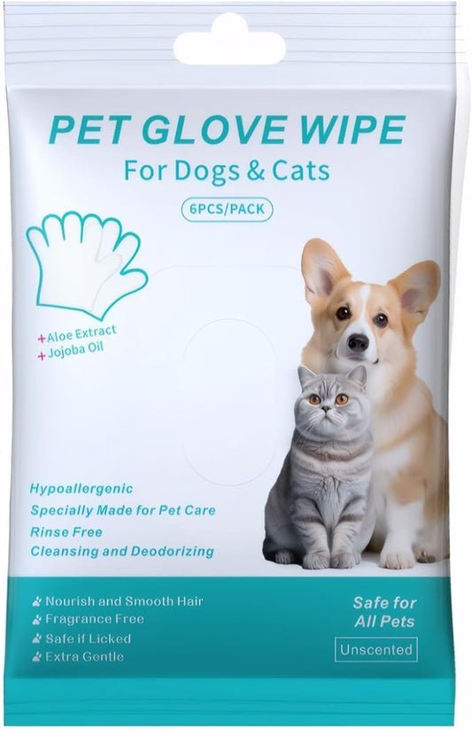 Pet Glove Wipe for Dogs & Cats, Hypoallergenic, Rinse Free, Cleansing and Deodorizing, Cat & Dog Wipes for Paws and Butt, 6 PCS/Pack (2Pack)