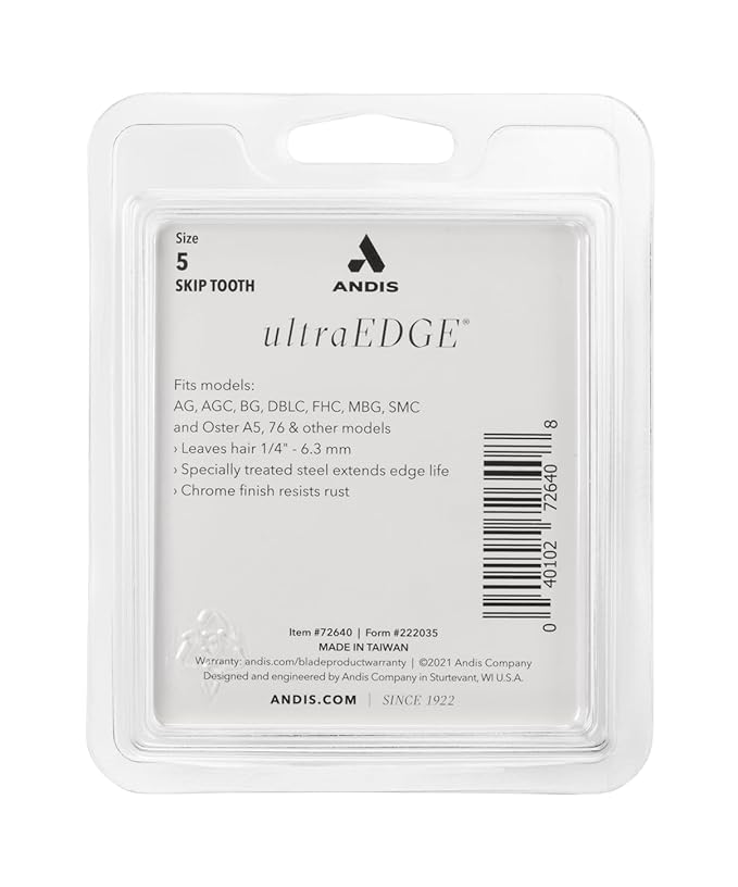 Andis Carbon Infused Steel UltraEdge Dog Clipper Blade, Size-5 Skip Tooth, 1/4-Inch Cut Length (72640),Chrome