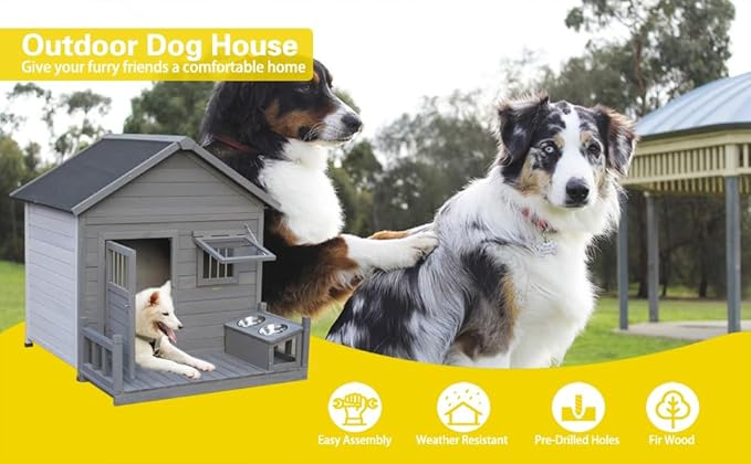 Open Waterproof Asphalt Roof Large Dogs House with Spacious Terrace,Outdoor Dog Kennel W/Small Wooden Door,Breathable Window & 2 Feeding Stainless Bowls,Fir Wood Dog Cage for Large Dogs,Gray