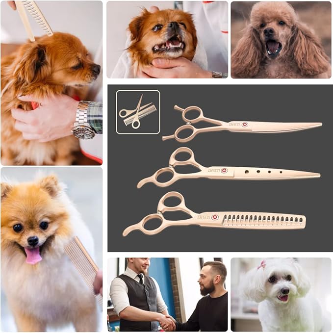 LILYS PET Professional PET DOG Grooming scissors Cutting&Curved&Thinning shears,Round Hole Design, Shark Teeth Thinning scissor (7", Gold)