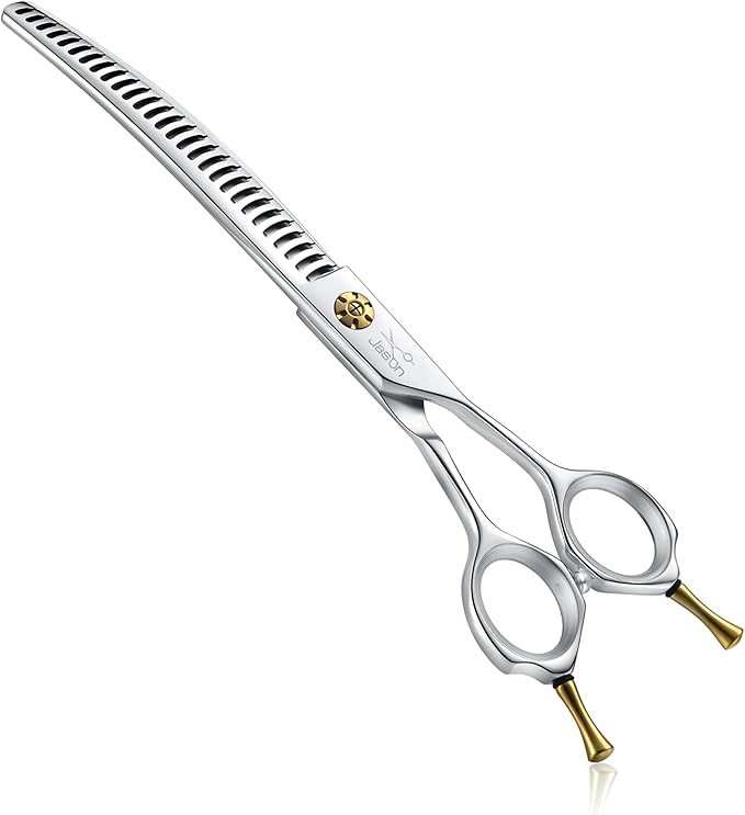 JASON 7" Dog Grooming Shears - Professional Down-curved Chunker Shears with 60%-65% Thinning Rate, Japanese 440C Stainless Steel Dog Grooming Chunkers with Adjustable Screw (28 Teeth, Silver)
