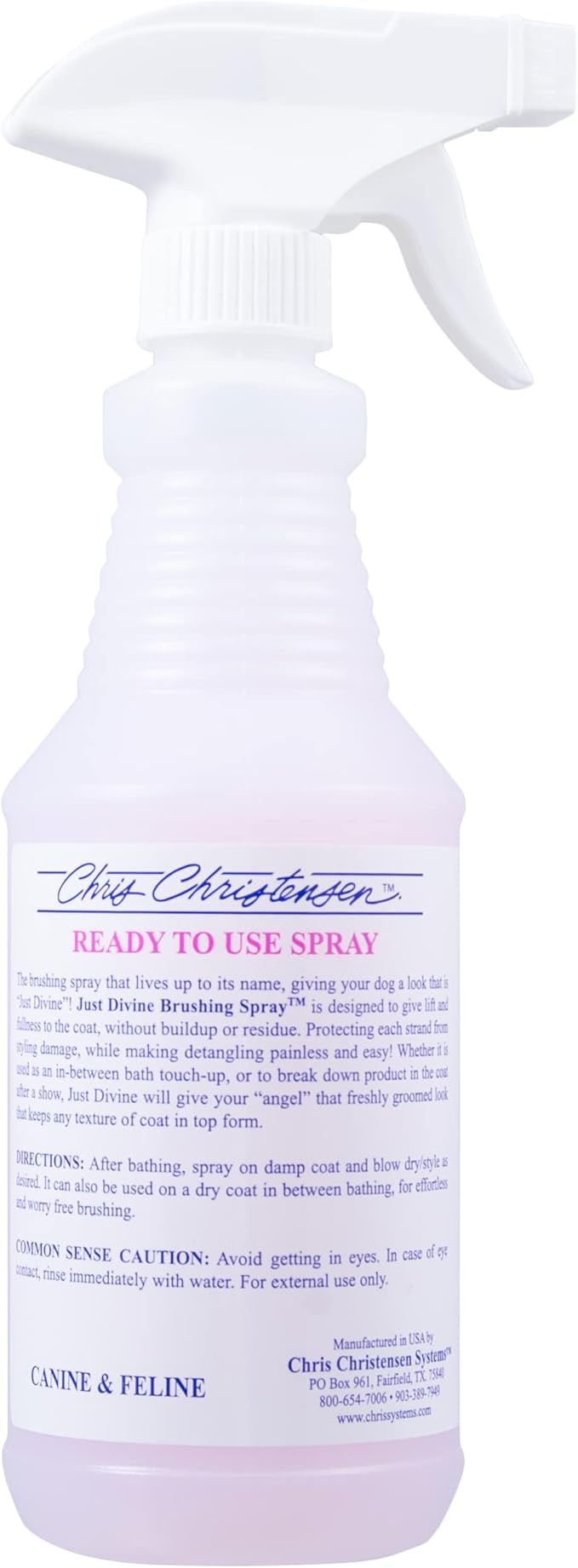 Chris Christensen Just Divine Dog Brushing Spray, Groom Like a Professional, Prevents Brushing Damage, Light Detangler, Ready to Use, All Coat Types, Made in USA, 16oz