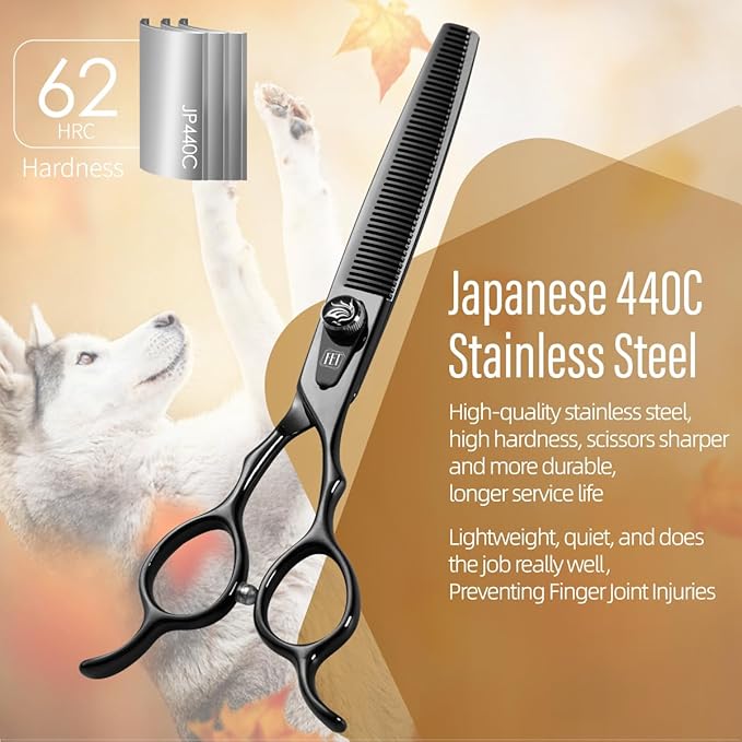 Dog Grooming Scissors: 7.5 inch Bright Black Pet Shears Set Made Of Japanese 440C Advanced Stainless Steel Professional Grooming Scissors for Dogs Cats and Other Pets
