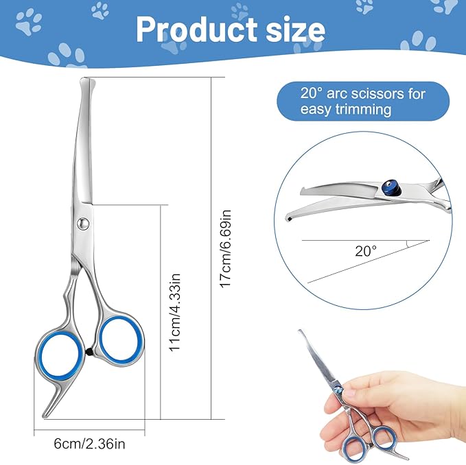 Curved Dog Grooming Scissors with Safety Round Tips, Light Weight Professional Pet Trimming Grooming Shears 4CR Stainless Steel for Nose Hair,Ear Hair,Face Hair,Paw Hair for Dogs and Cat