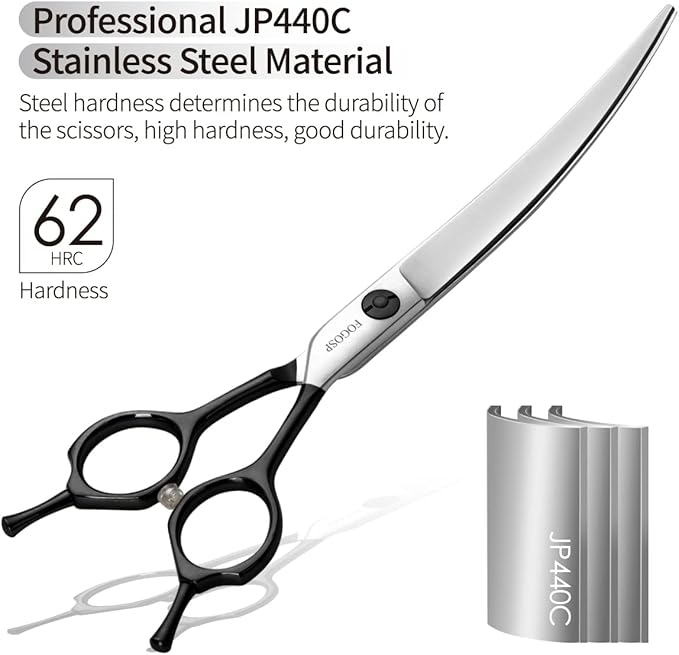 Curved Dog Grooming Scissors Professional 7" Grooming Shears for Dogs Pet Right Handed Groomer Japan 440C Stainless Steel (7 in Curved, Black)