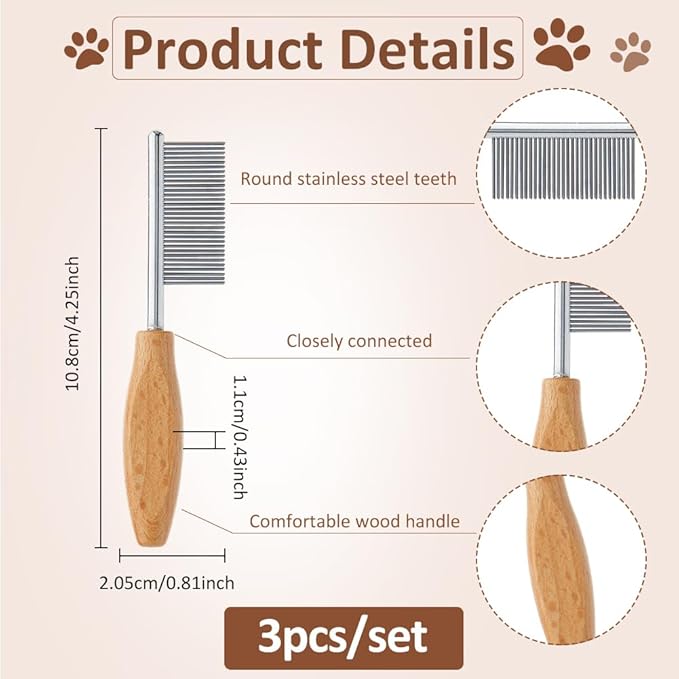 SUPERFINDINGS 3Pcs Pet Face and Finishing Comb for Cat Dog Stainless Steel Pet Hair Combs Fuller Brush Tear Stain Remover Tool for Grooming Pets with Long, Curly Hair Fur Detangler Tool Accessories