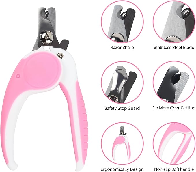 Pet Nail Clippers, Dog Nail Trimmers with Safety Guard to Avoid Excessive Cutting Nails, Dog Grooming Clippers has a Variety of Colors Suitable for Dogs, Cats and Other Pets（Pink）
