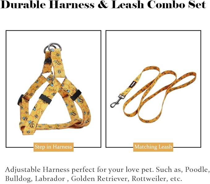 QQPETS Dog Harness Leash Set Adjustable Heavy Duty No Pull Halter Harnesses for Small Medium Large Breed Dogs Back Clip Anti-Twist Perfect for Walking (M(19"-26" Chest Girth), Yellow Bee)