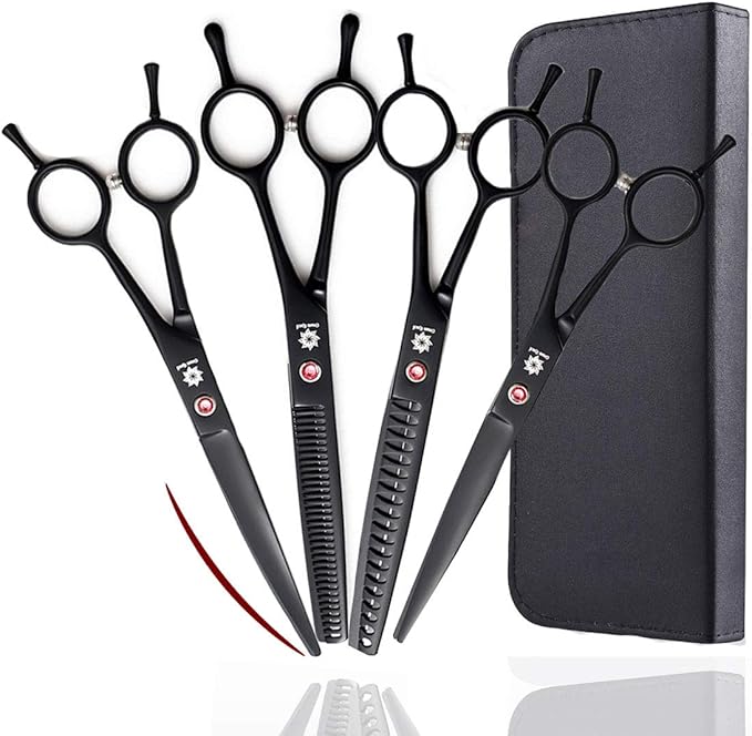 Dream Reach 7.0 Inches Professional Pet Cat Dog Grooming Shears Scissors, Straight, Curved, Thinning/Blending/Chunking Scissors Kit (4-Set)