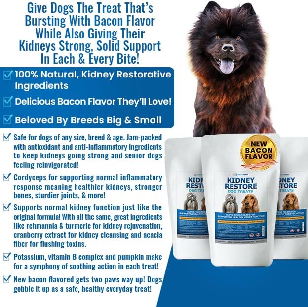Kidney Restore Bacon Dog Treats 8oz for Petite Dogs. Low Protein Dog Treats for Kidney Support for Small Dogs. Renal Treats for Any Kidney Dog Diet.